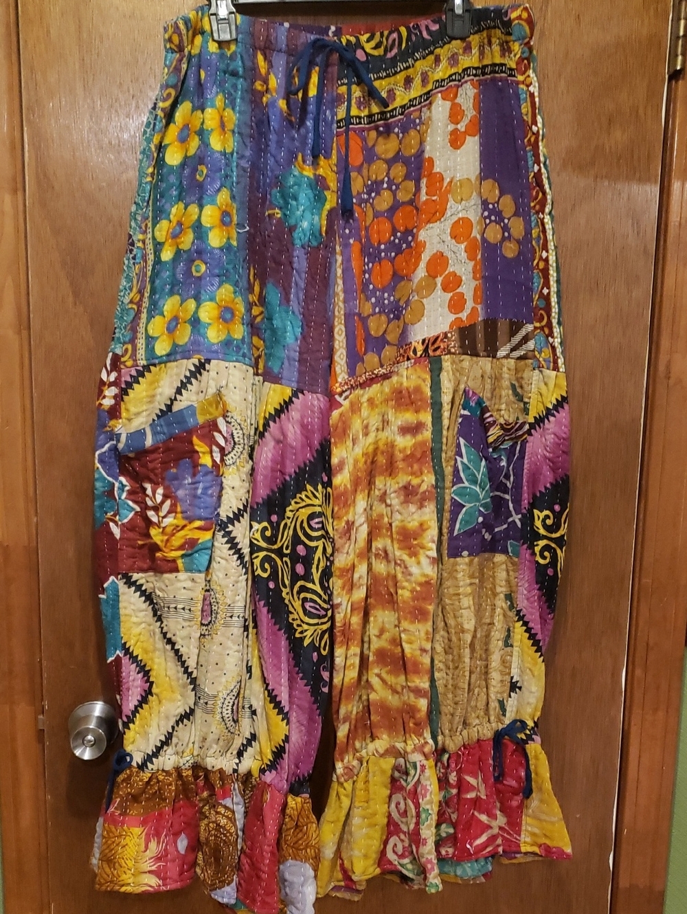 Vibrant Plus Size Cotton Kantha Bohemian Patchwork Adjustable Bloomer Pant.